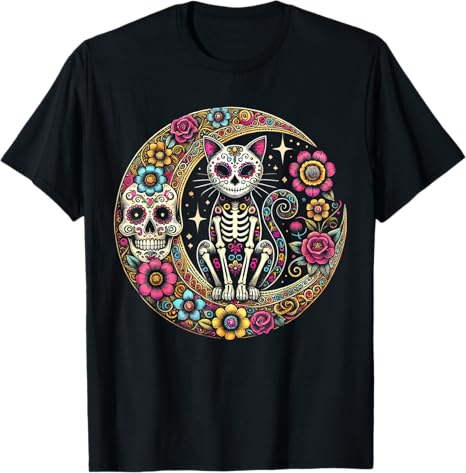 Day of Dead Sugar Cat Skeleton Skull tee for all