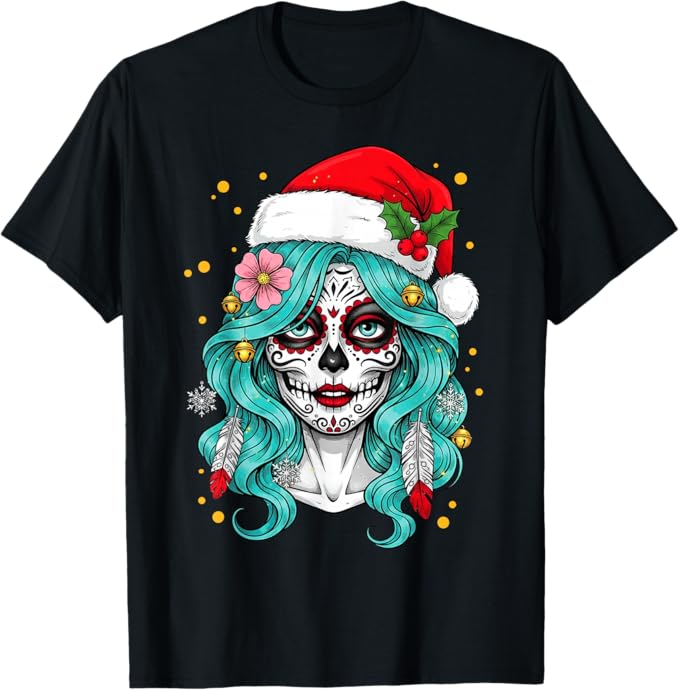 Christmas Sugar Skull Women Santa Hat Tees