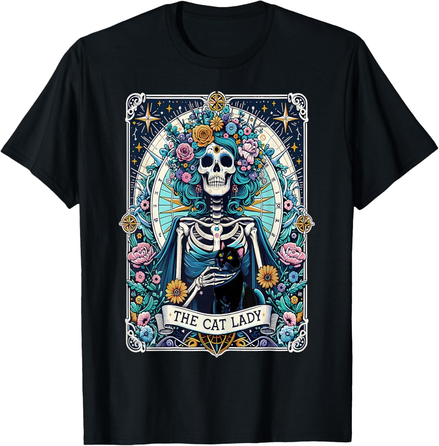 The Cat Lady Tarot Card Skeleton Cat Mom Cat Lover T-Shirt ( Size M) white