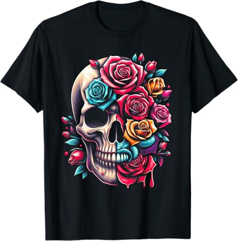 Half Flower Half Skull Sugar Roses Girls Halloween