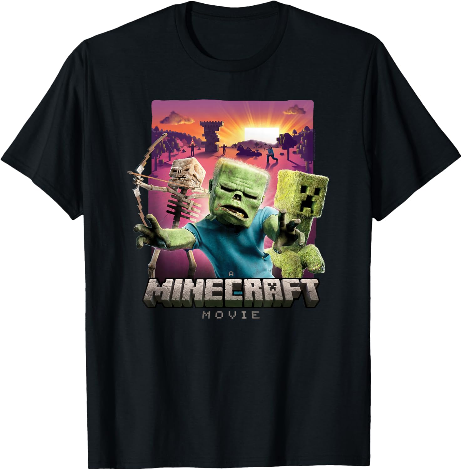 A Minecraft Movie Skeleton Zombie & Creeper Group Portrait T-Shirt A Minecraft Movie Skeleton Zombie & Creeper Group Portrait T-Shirt