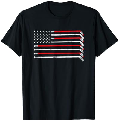 Hockey Stick USA Flag Faded Hockey Player T-Shirt