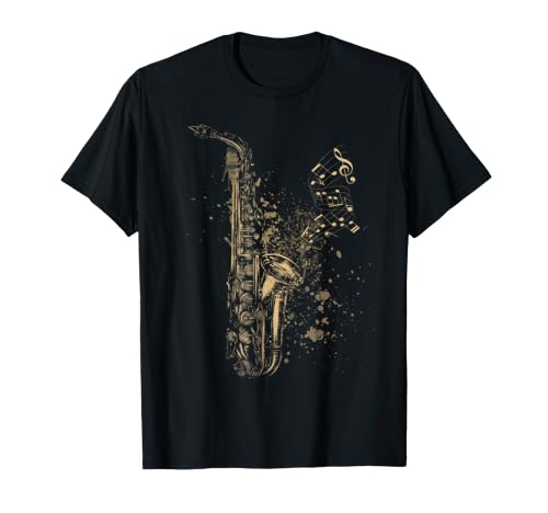 Saxofón estilo vintage con notas musicales Saxofonista Camiseta