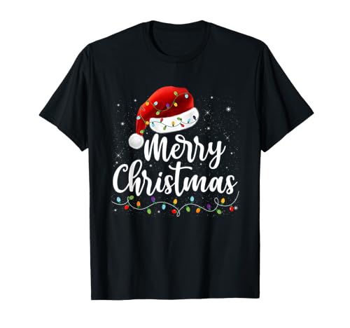 Merry Christmas Lights Red Santa Hat Xmas Family Men Women T-Shir...