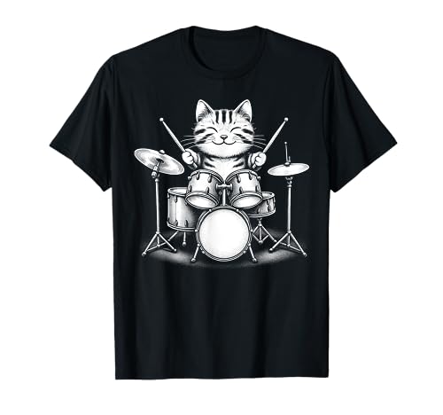 Cat Playing Drums - Funny Rock Music Drums Cat T-Shirt, Black