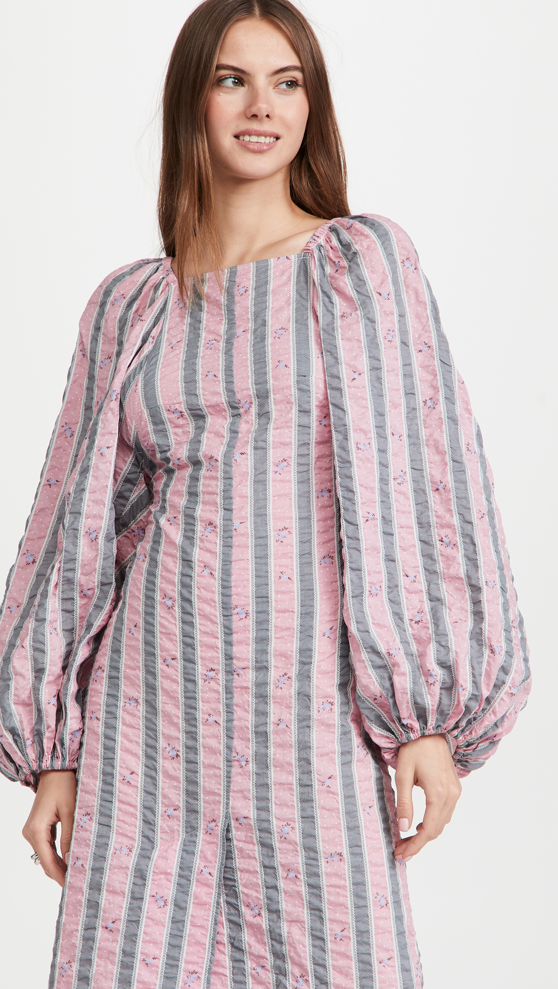 ganni seersucker dress pink Ganni Striped Floral Seersucker Dress in Pink