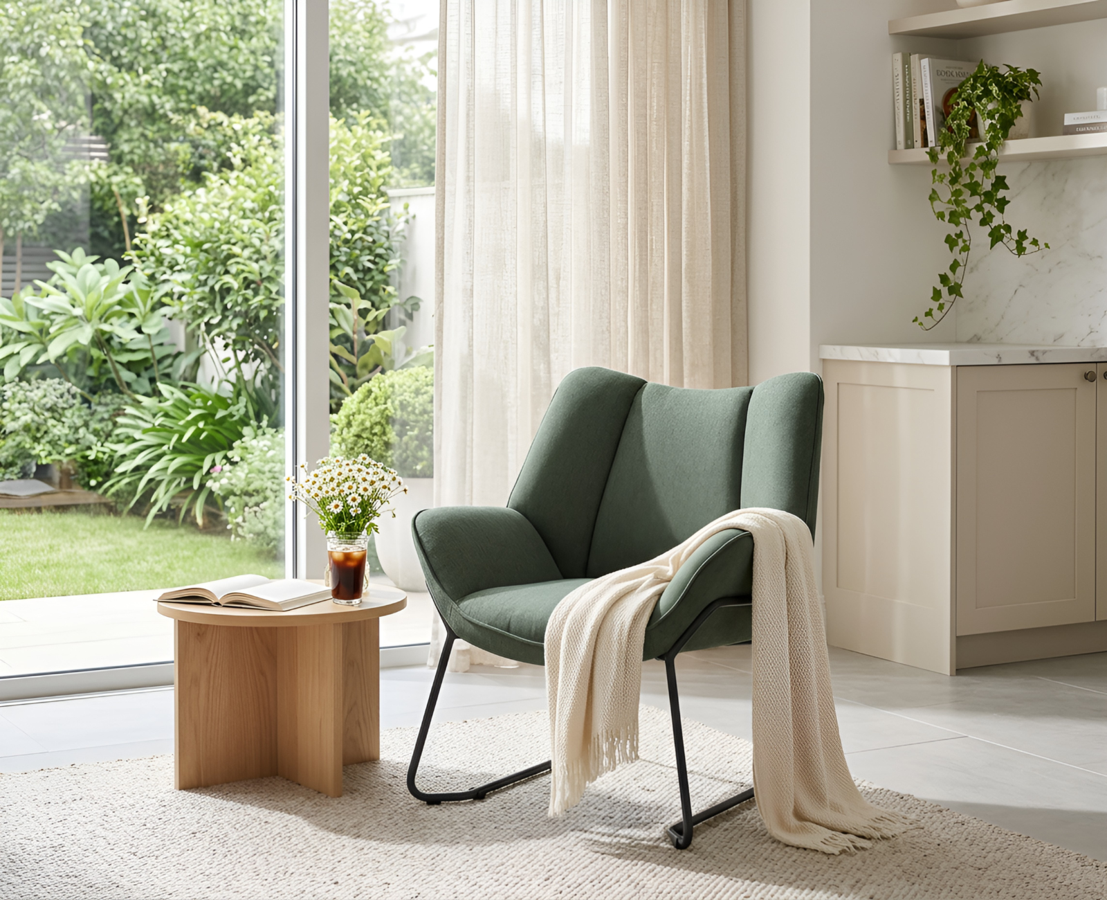 Fauteuil de salon style bord de mer en chêne et lin premium Fauteuil de salon style bord de mer en chêne et lin premium