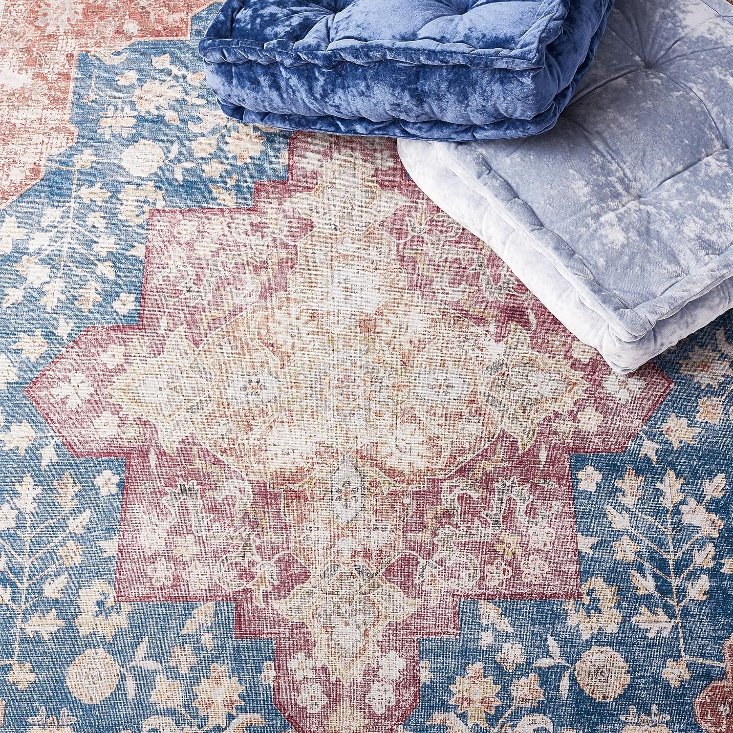 SAFAVIEH Washable Rug Tucson Collection - 6' Square, Navy & Rust, Slip Resistant & Easy to Clean, Ideal for Living Room, Bedroom, Dining Space (TSN105N)