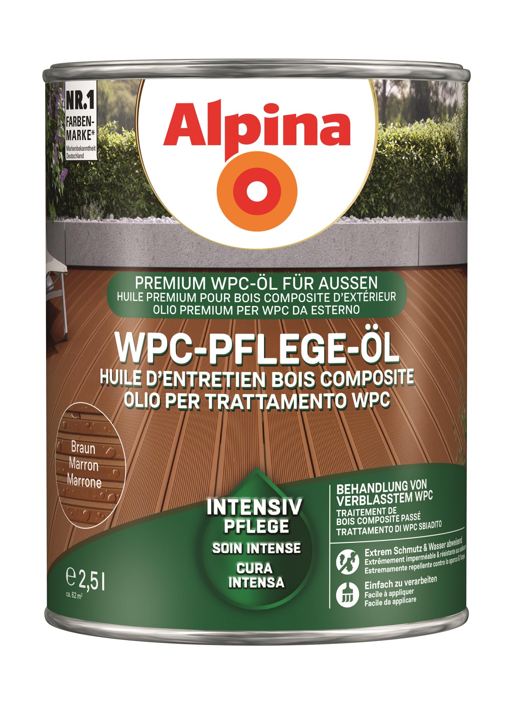 Alpina WPC Pflege-Öl – Braun – lässt verblasstes WPC neu erstrahlen und wehrt Schmutz und Feuchtigkeit ab – leicht zu verarbeiten & äußerst ergiebig – 2,5 Liter