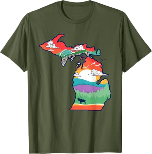 Miniatura 32 de Michigan Outside Vintage Nature Illustration Artistic T-Shirt Slate Grey,White,Baby Blue,Red,Silver Grey,Dark Green,Kelly Green,Olive Green,Lemon