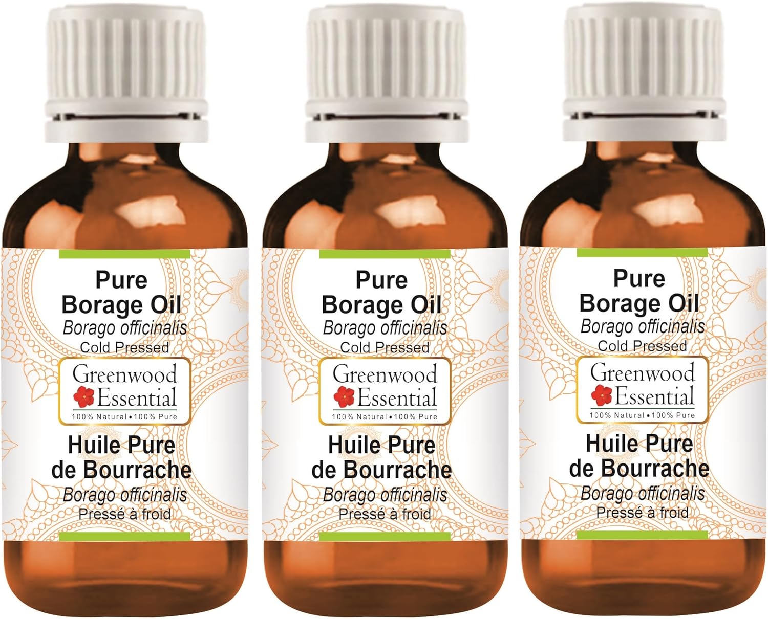 Greenwood Essential Natural Borage Oil (Borago officinalis) Cold Pressed 100ml x 3 (10 oz)