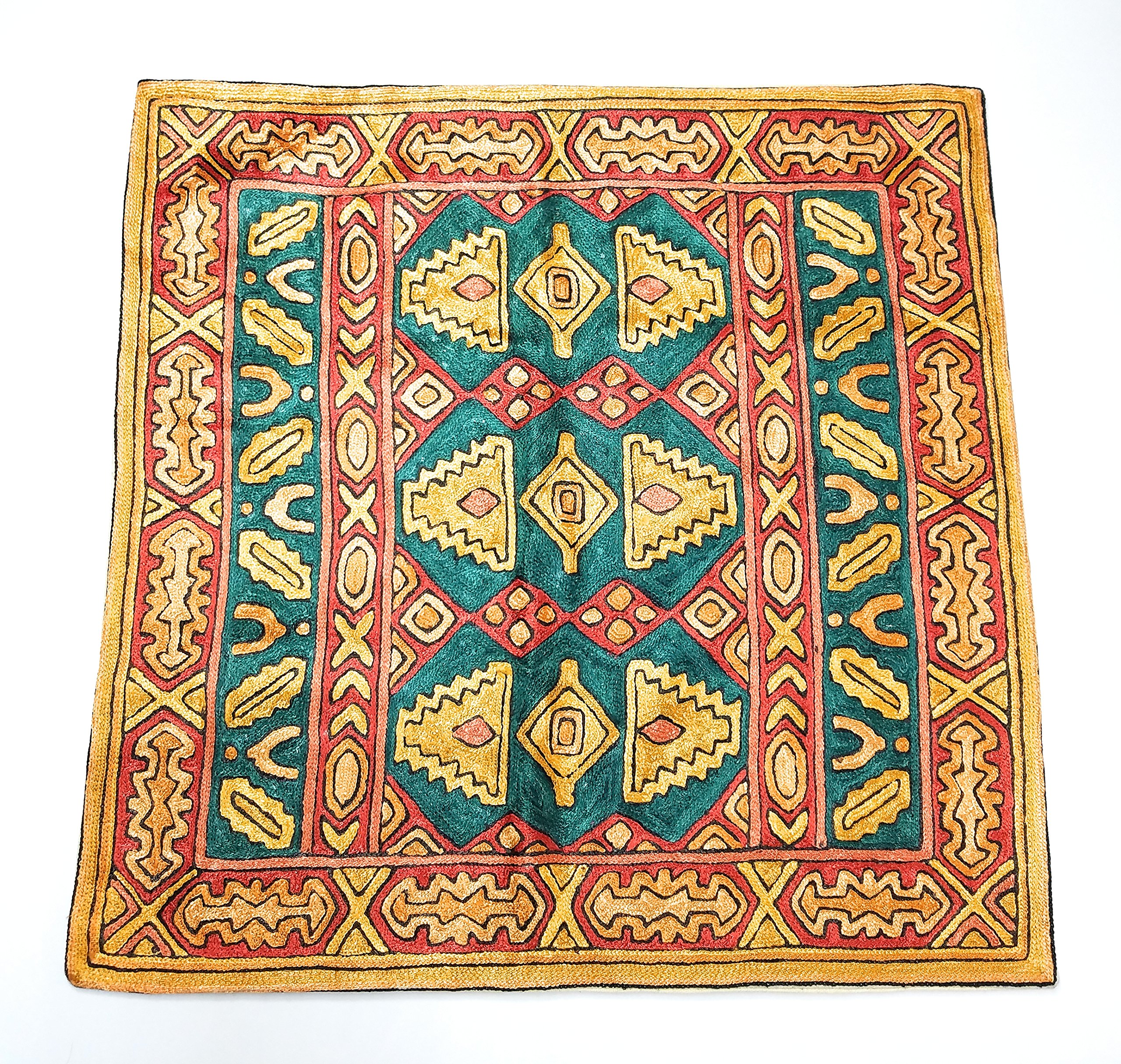 Ayuni Gifts of the World Hand Embroidered Throw Pillow Cushion Cover Silk on Cotton 24" Square (Green & Brown)