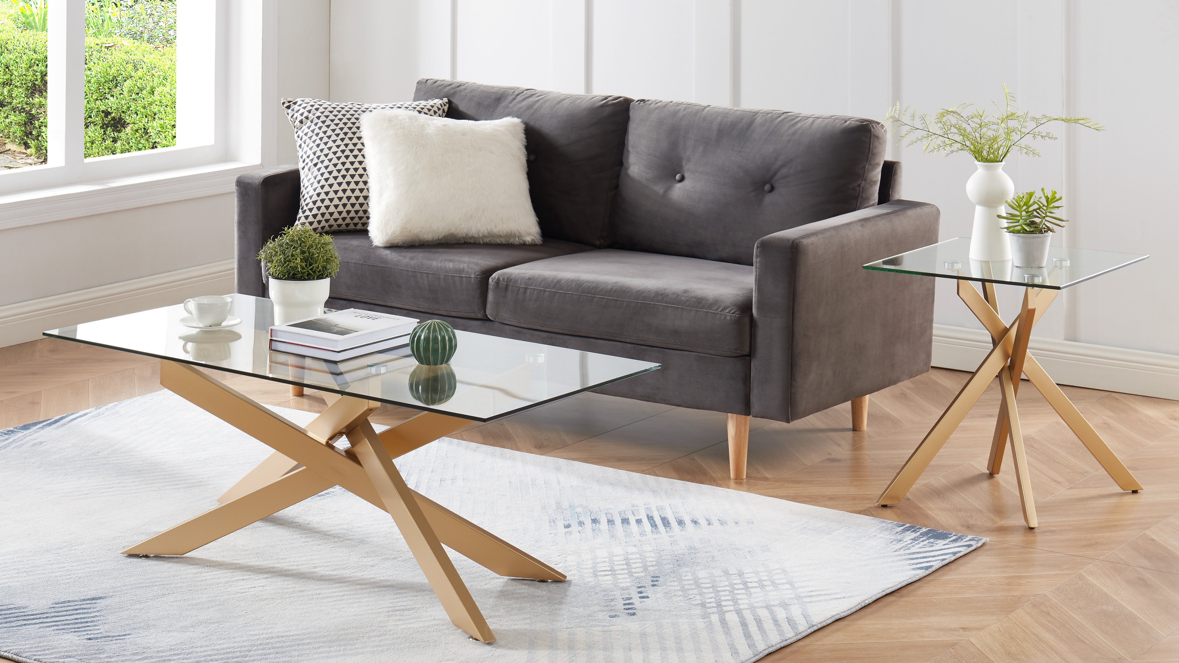 Rectangle Modern Coffee Table, Tempered Glass Top and Metal