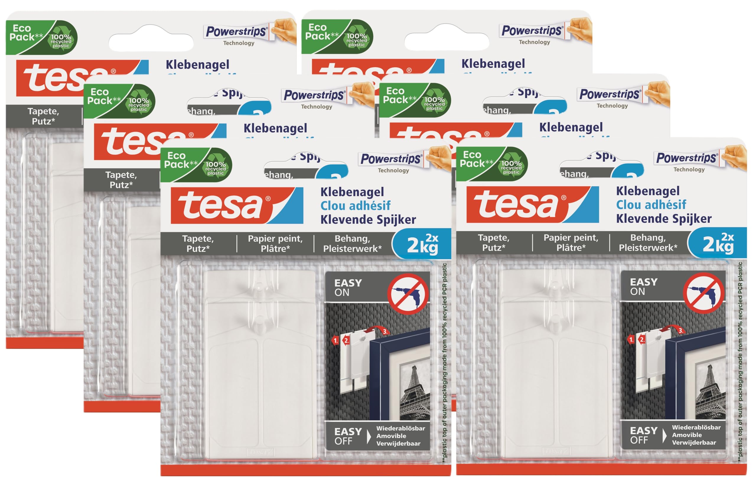 tesa Klebenagel für Tapeten und Putz 2kg - Selbstklebende Nägel für empfindliche Oberflächen - rückstandslos - bis zu 2kg Halteleistung pro Nagel (2x 2kg (6er Pack))