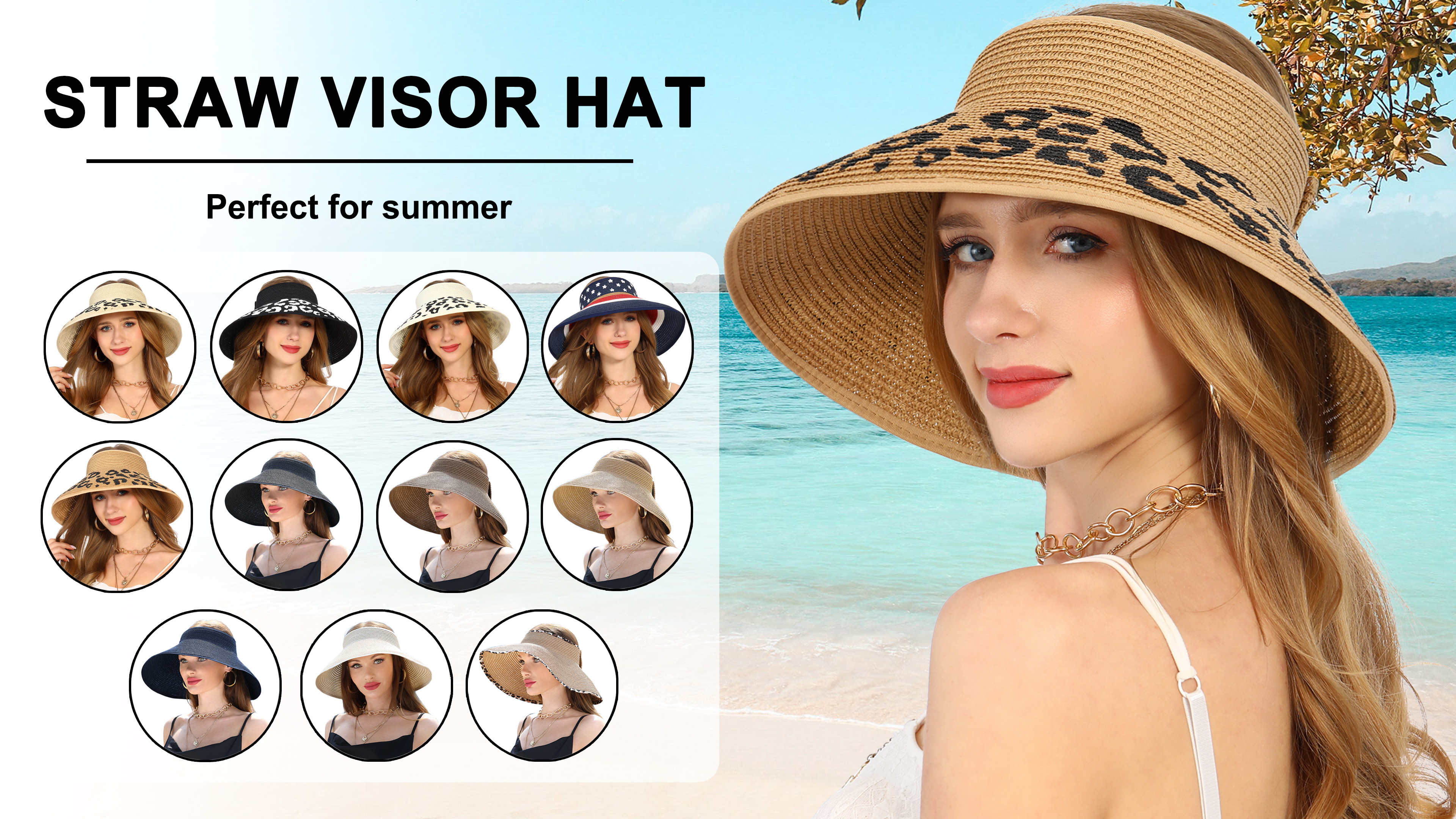 Wide Brim Straw Sun Hat with Ponytail Opening UV Protection Foldable Beach Womens Beach Straw Sun Visor Hat Ponytail Hole UV Protection  main image 2