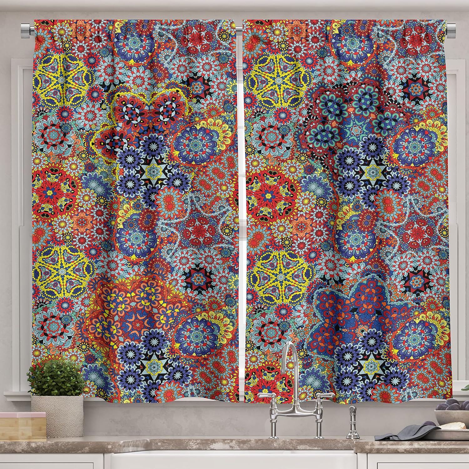 Ambesonne Nature Long Kitchen Curtains, Flowers with Swirled Branches Butterflies in Watercolors Botanical Summer, Two Panels Drapes with Rod Pocket Room Decor, 55" x 45", White Orange