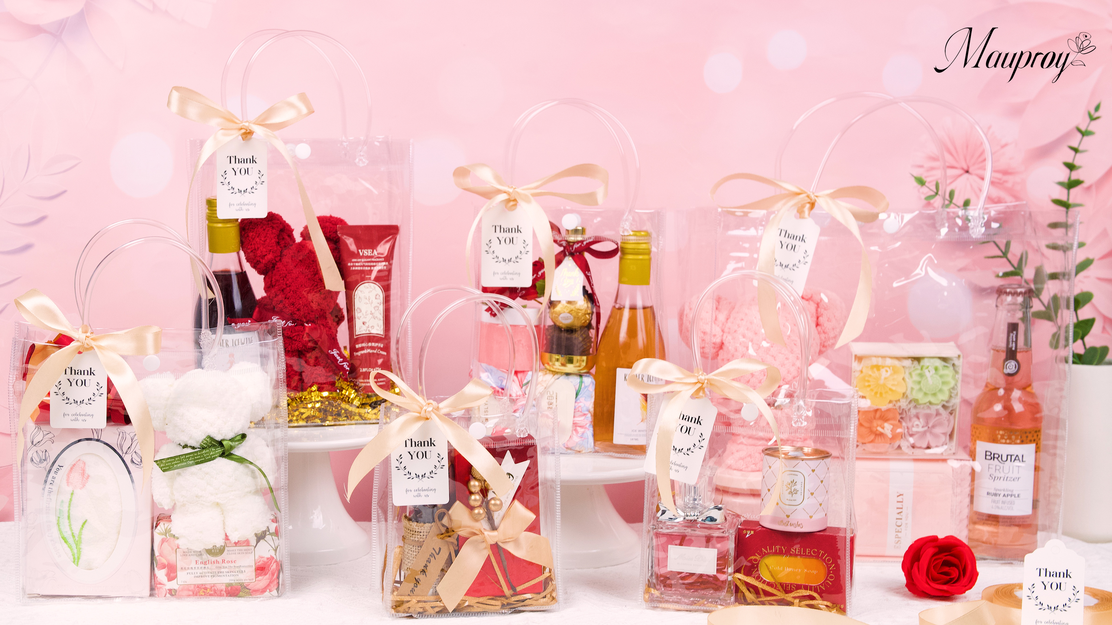 Mauproy Clear Plastic Gift Bags with Handles, 9.6 x 9.6 x 3.3 Inch, 20 Pack