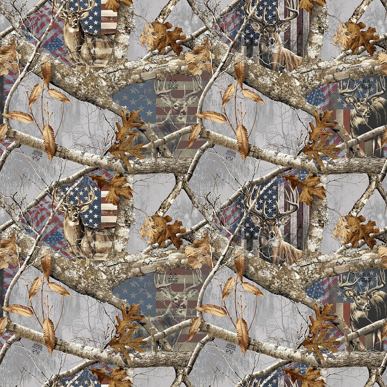 Realtree Cotton Fabric by Sykel-Licensed Realtree Edge Arctic Deer and Flag Patriotic Cotton Fabric