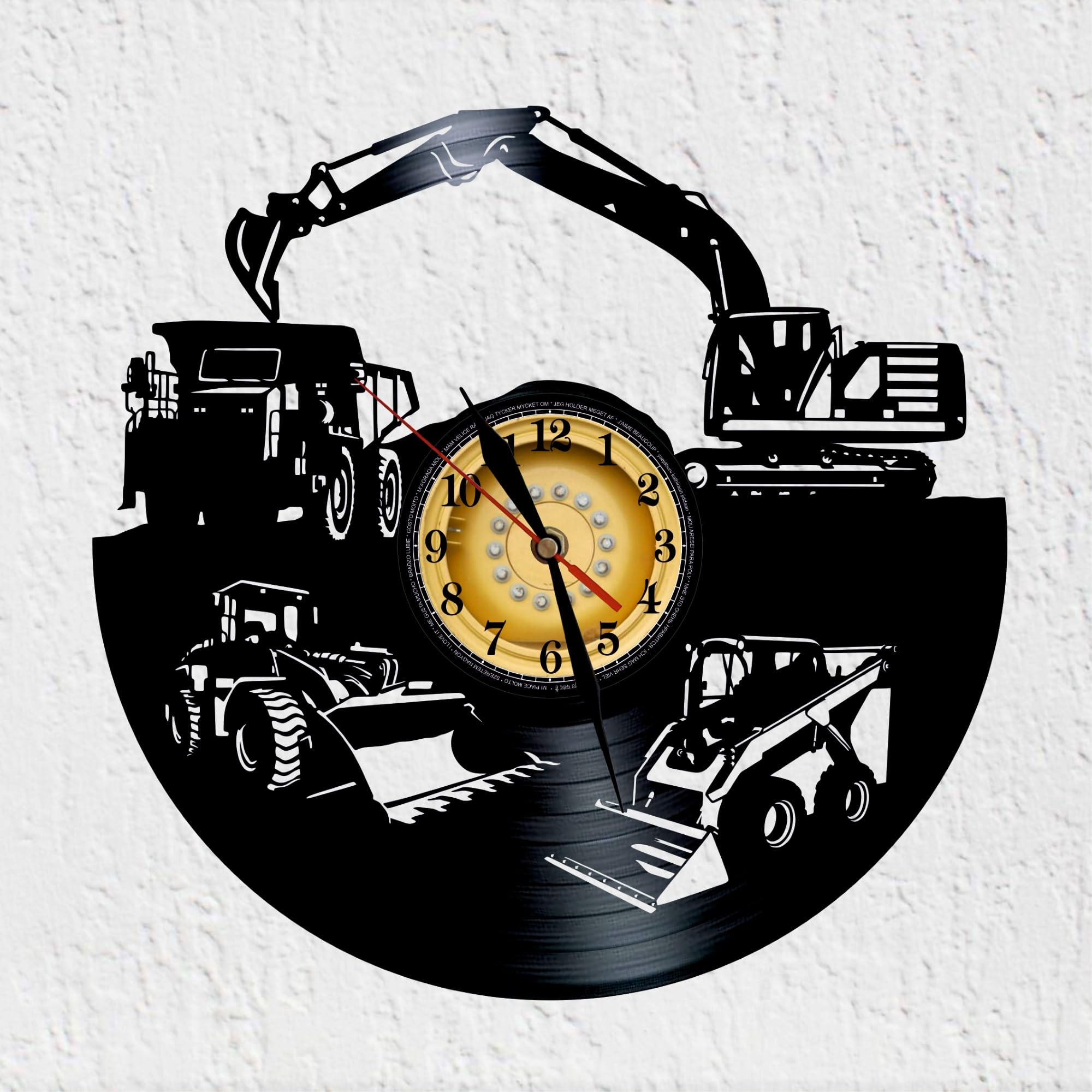 Horloge vinyle excavatrice dumper et chargeur pour decoration murale