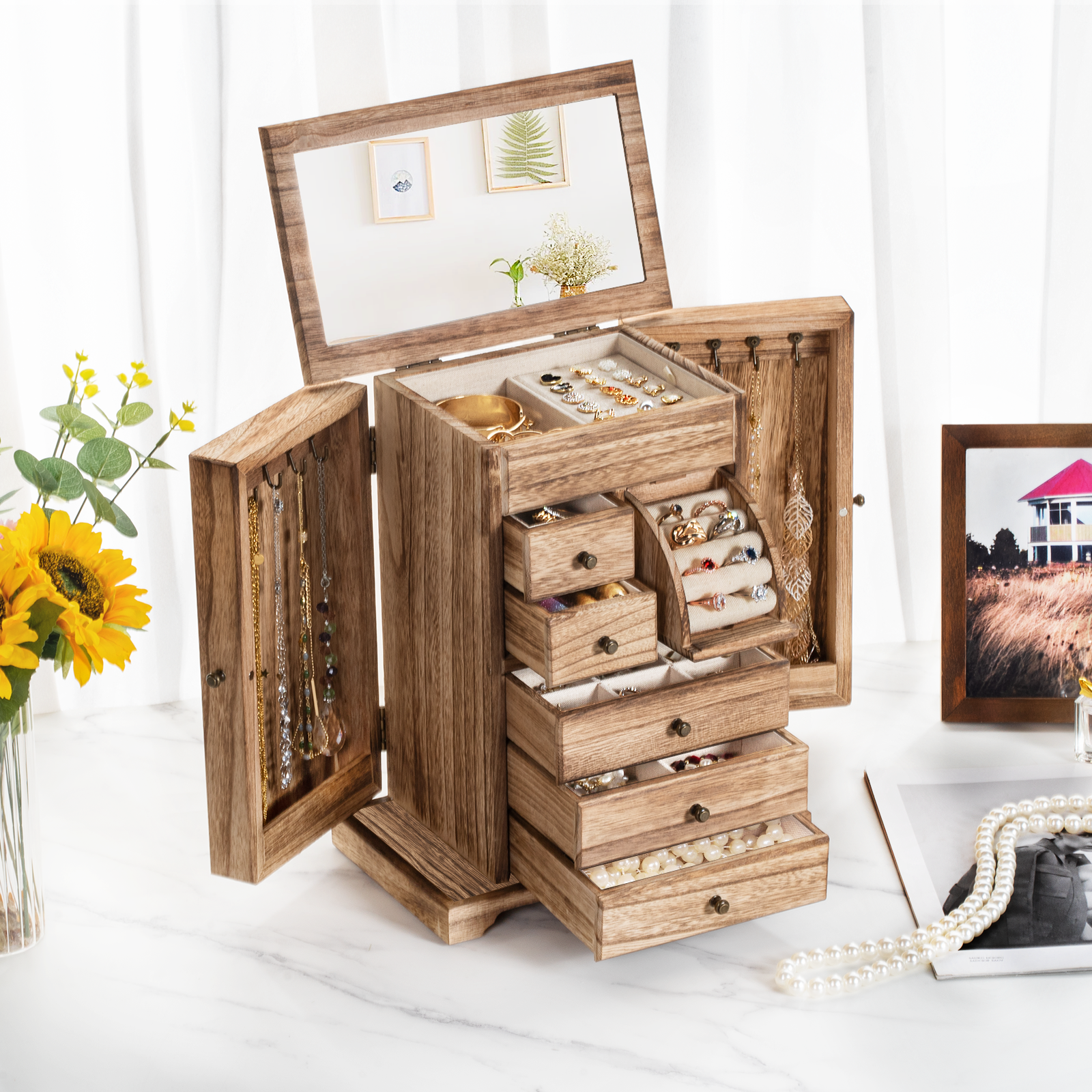 Ylu Yni Wooden Jewelry Box With 4 Drawers & Cabinet - Rustic Farmhouse Organizer For Earrings, Necklaces, Rings