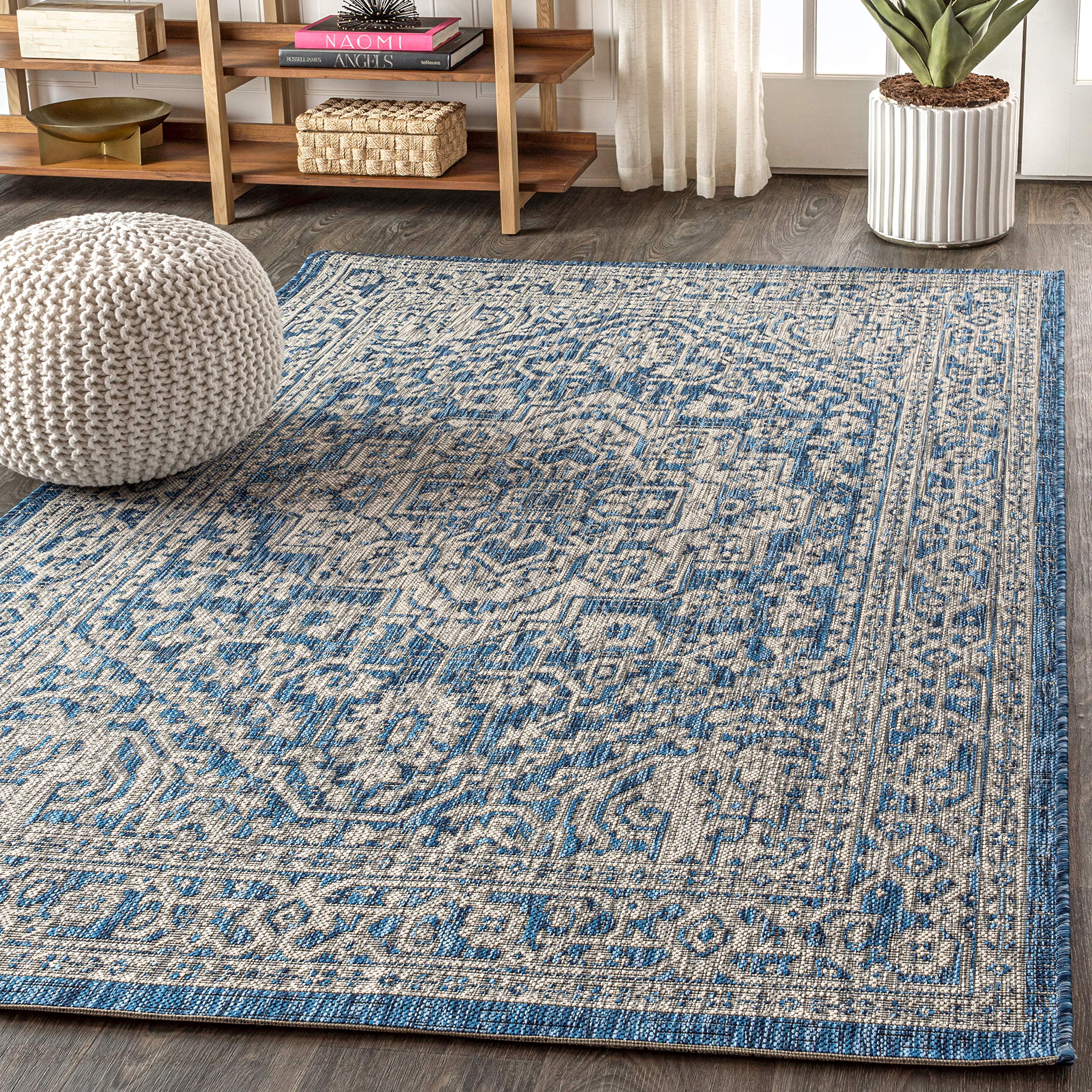 JONATHAN Y SMB101B-8 Sinjuri Alfombra Interior Exterior Textura Tejido Medallón Fácil de Limpiar, Habitación, Cocina, 240 cm x 300 cm, Azul Marino/Gris
