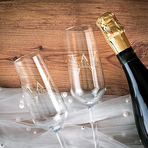Miniatura 8 de Personalized Wedding Champagne Flutes for Bride and Groom - Set of 2, 9 Designs - Champagne Glasses for Engagement with Last Name and Date, Mr & Mrs