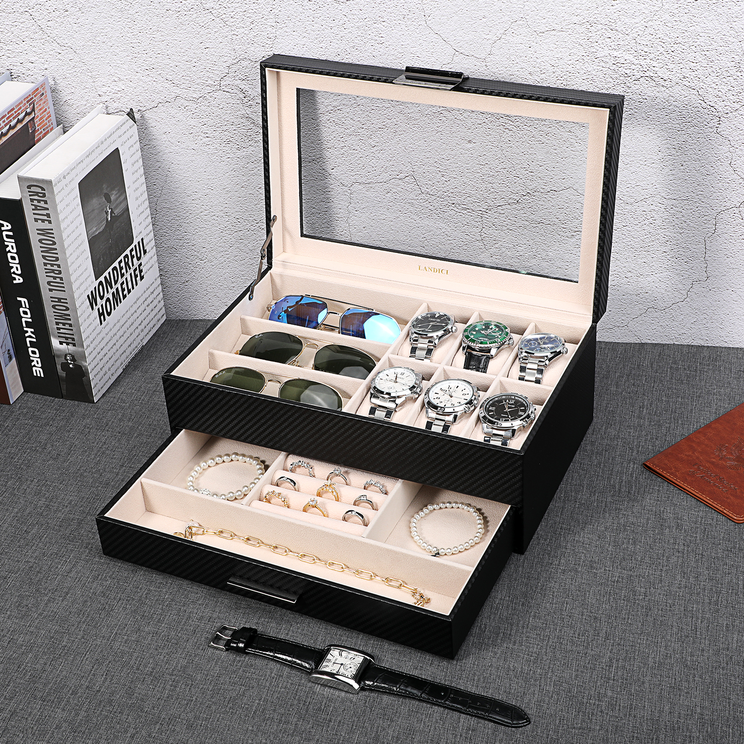 Amazon.com: LANDICI Watch Box for Men Women 2 Layer PU Leather