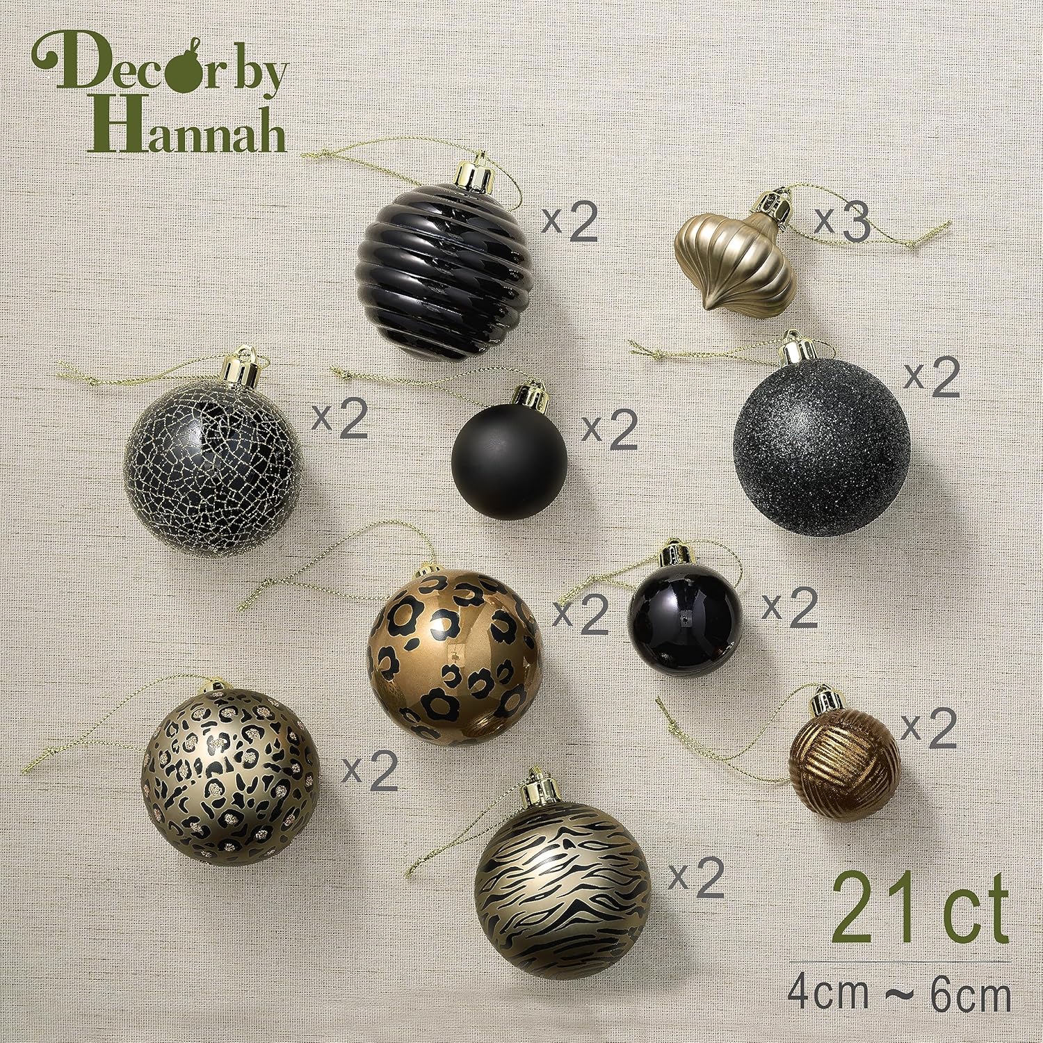 DecorbyHannah Christmas Ornaments Set Decorations, 21ct Black and Gold Leopard Print Christmas Tree Ornaments, Shatterproof Plastic Decorative Hanging Ball Bulk for Xmas Holiday Indoor Party Decor
