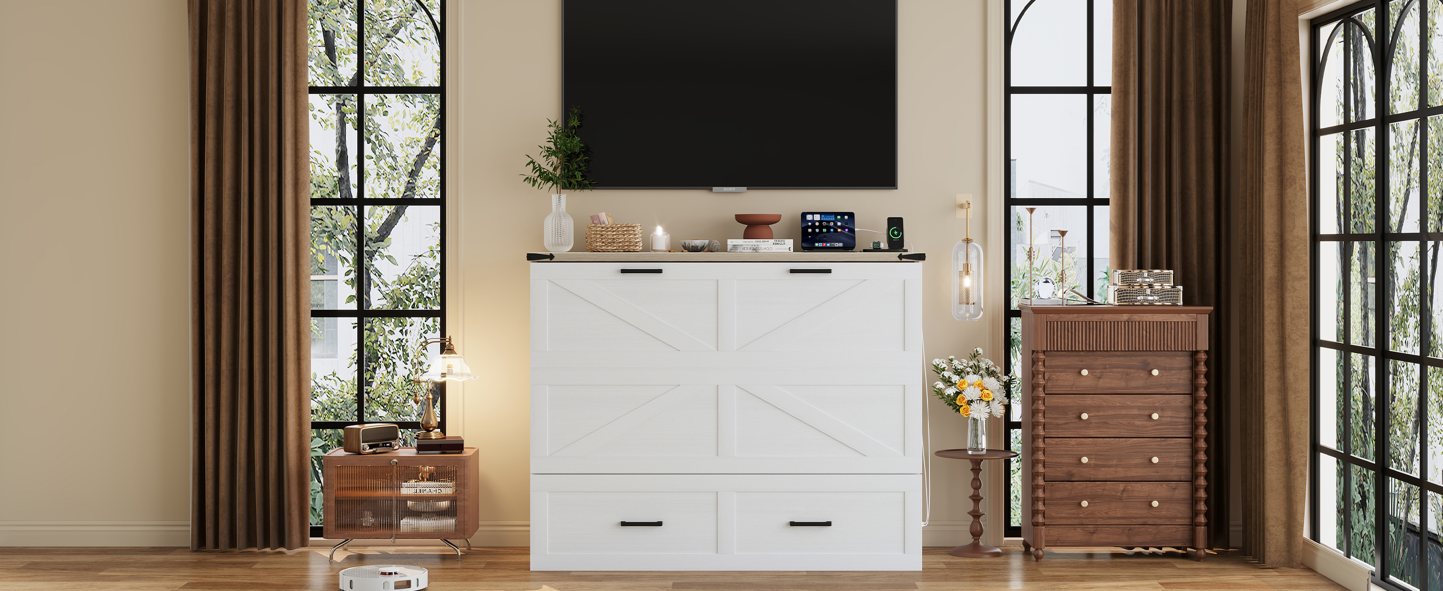 Merax Farmhouse Murphy Cabinet Bed – Queen Foldable Wall Bed With Charging Station & Storage Drawer