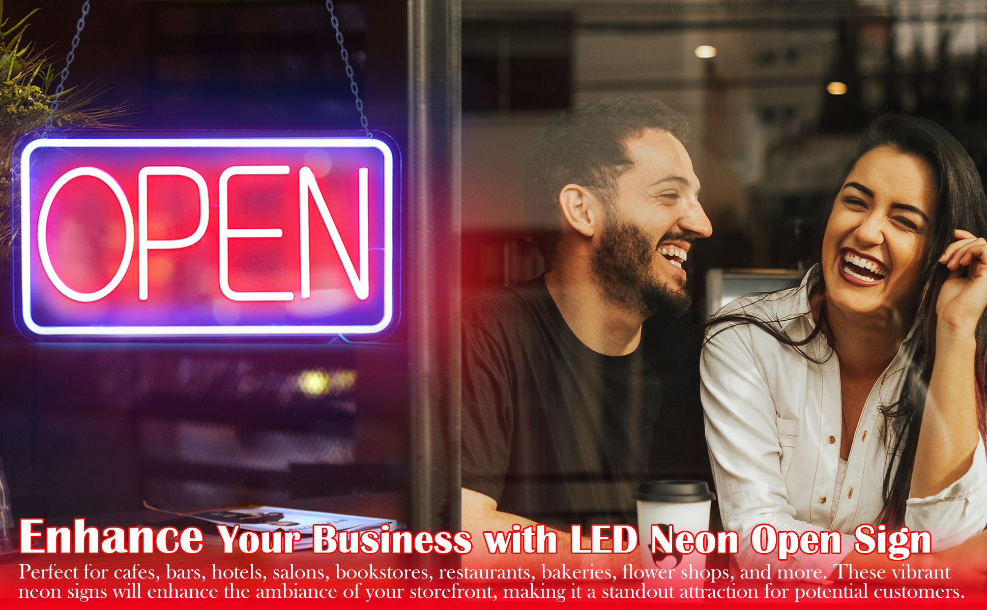 Enseigne Lumineuse LED "OPEN" Pour Commerce - Néon Blanc 16 Pouces - Alimentation électrique - Pour Vitrine, Porte, Bar, Café, Food Truck
