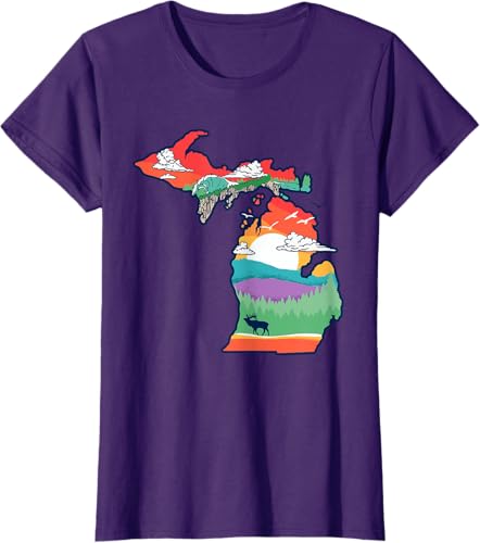 Miniatura 61 de Michigan Outside Vintage Nature Illustration Artistic T-Shirt Slate Grey,White,Baby Blue,Red,Silver Grey,Dark Green,Kelly Green,Olive Green,Lemon