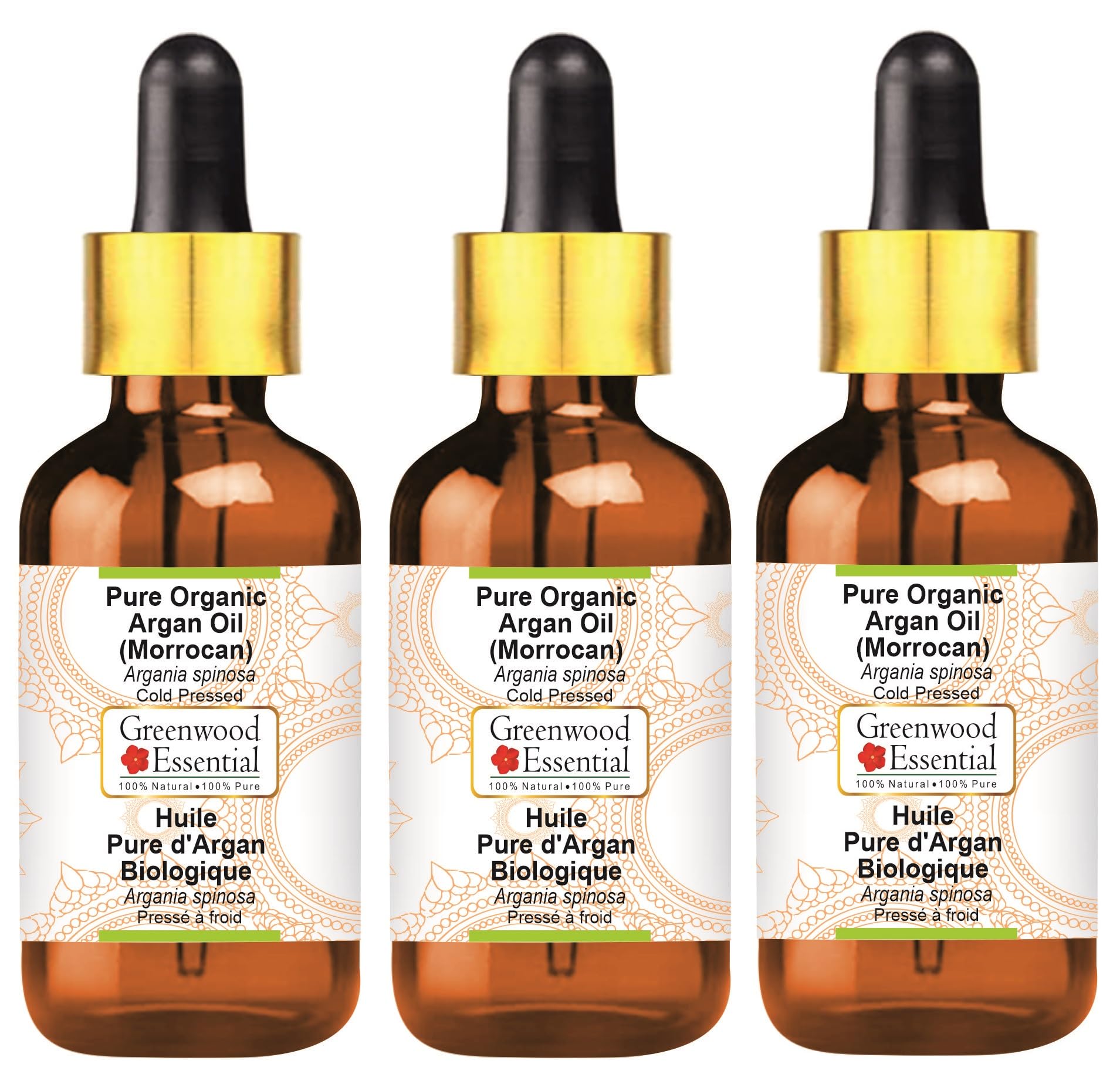 Greenwood Essential Olio di argan biologico naturale (marocchino). (Moroccan) con contagocce in vetro pressato a freddo 100 ml X 3 (10 oz)