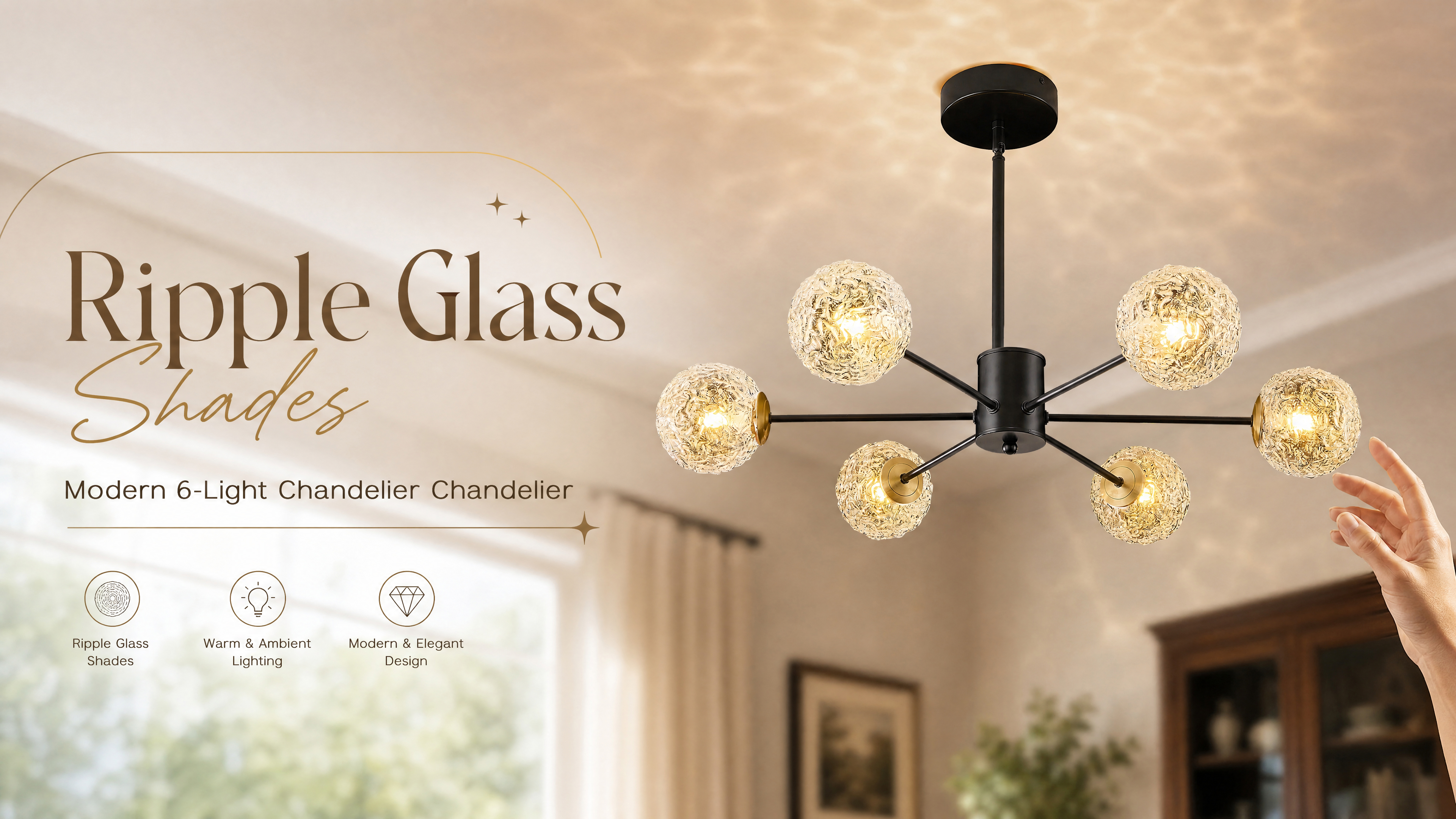 Image of Modern Sputnik Chandelier,6-Light Black Chandelier with Glass Shades, mid Century Semi Flush Mount Ceiling Light Fixture,Pendant Light Fixture for Dining Room,Kitchen Island Bedroom