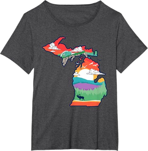 Miniatura 9 de Michigan Outside Vintage Nature Illustration Artistic T-Shirt Slate Grey,White,Baby Blue,Red,Silver Grey,Dark Green,Kelly Green,Olive Green,Lemon