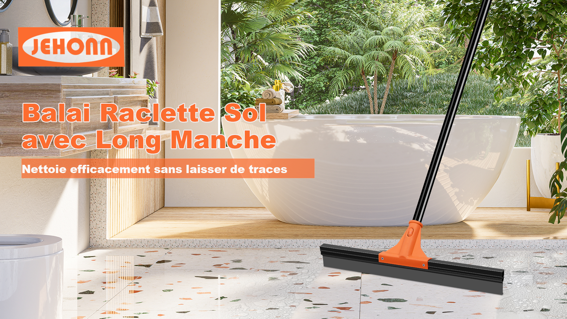 JEHONN Balai Raclette Sol Professionnelle avec Manche Long 148 cm, Laveur pour la Salle de Bain, Cour, Garage, Douche, Terrasse, Fenêtre