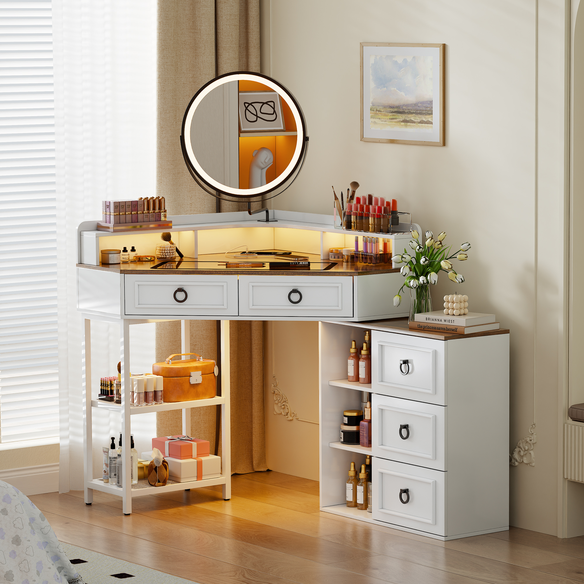 Amazon.com: MDGC Corner Vanity Desk with Rotating Mirror and