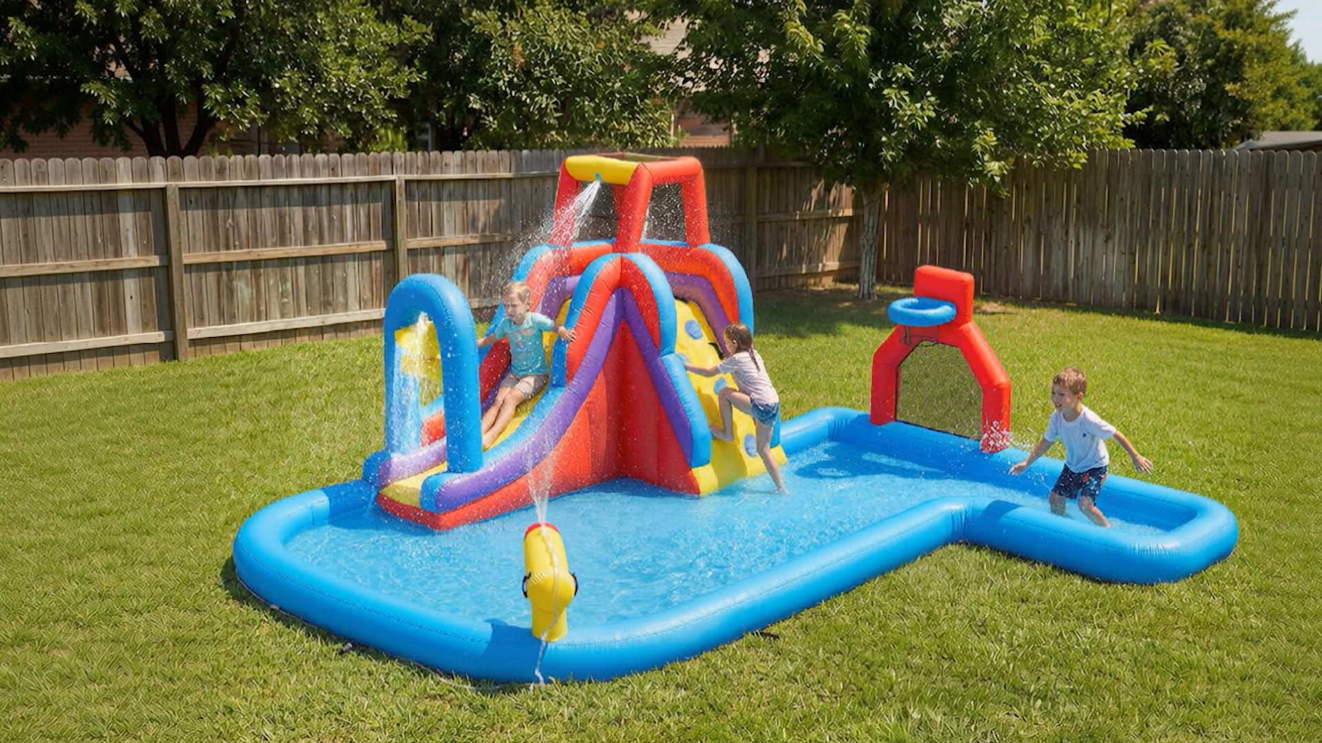 Castillo Hinchable AIYAPLAY Con Tobogán, Piscina, Baloncesto Y Pilar De Boxeo, Para Niños De 3 A 8 Años, Incluye Soplador De 350W, Medidas 277x270x215 Cm