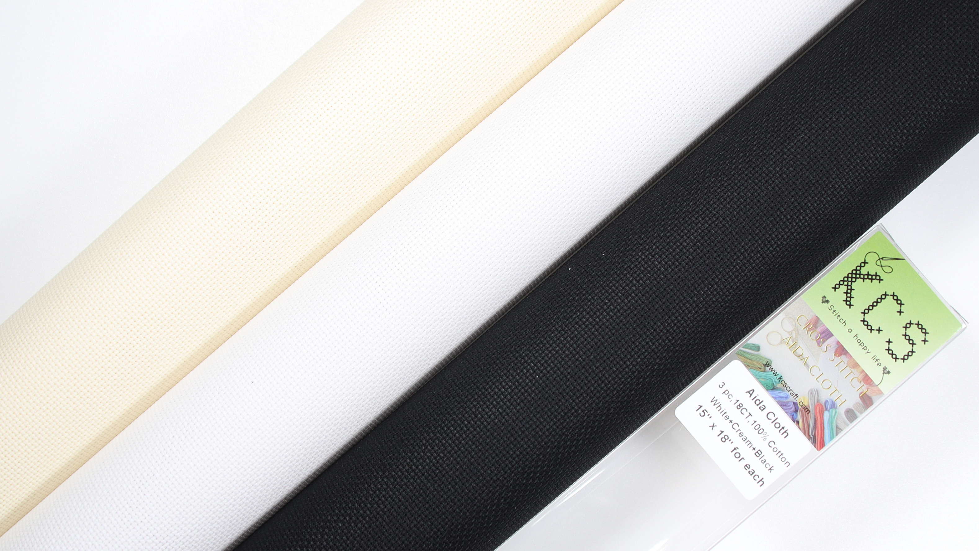 Image of KCS 3 pc of 15 inch x 18 inch Counted Cross Stitch Cotton Aida Cloth Needlework Rolled Fabric Box,18CT,White+Cream+Black