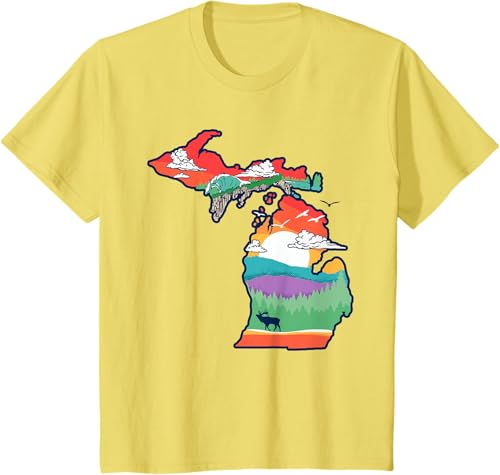 Miniatura 53 de Michigan Outside Vintage Nature Illustration Artistic T-Shirt Slate Grey,White,Baby Blue,Red,Silver Grey,Dark Green,Kelly Green,Olive Green,Lemon