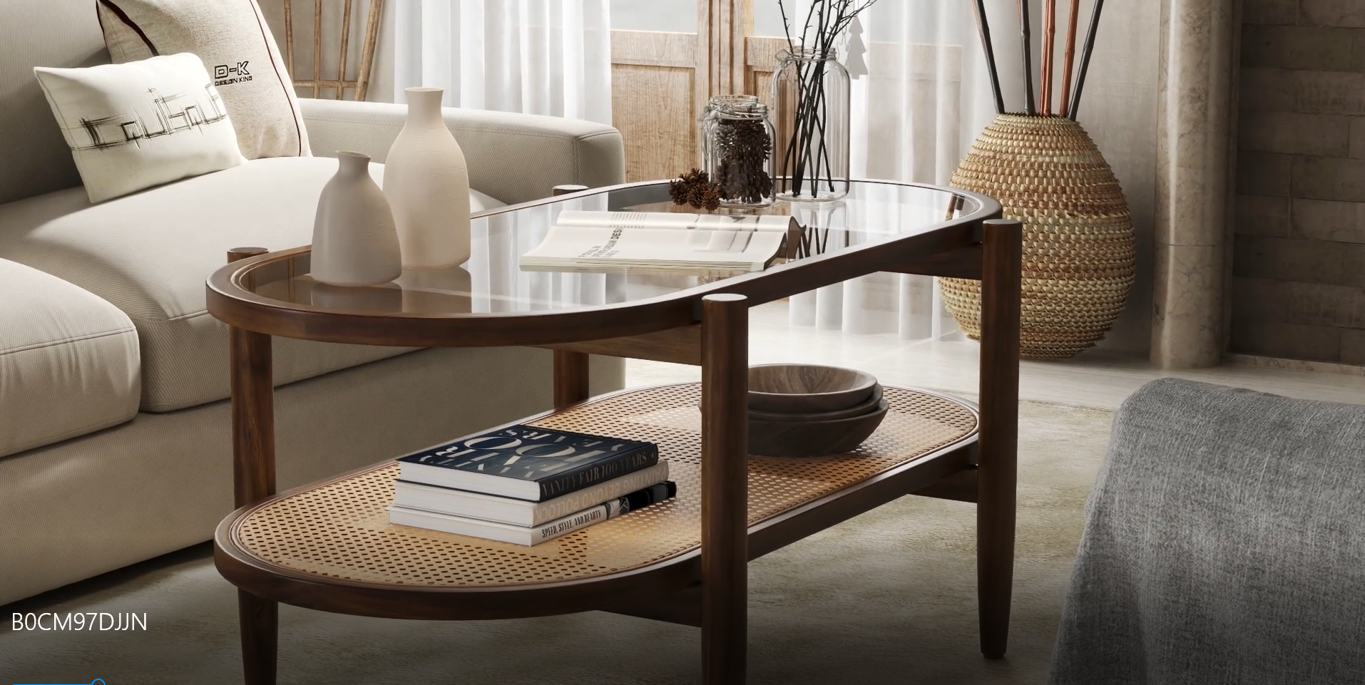 LIFEZEAL Tavolino Da Salotto A Forma Di Z, 2 Ripiani In Bambù Massello E Vetro Temperato, Piano Rimovibile 120x56 Cm, Ripiano In Rattan, Capacità 55 Kg, Colore Naturale