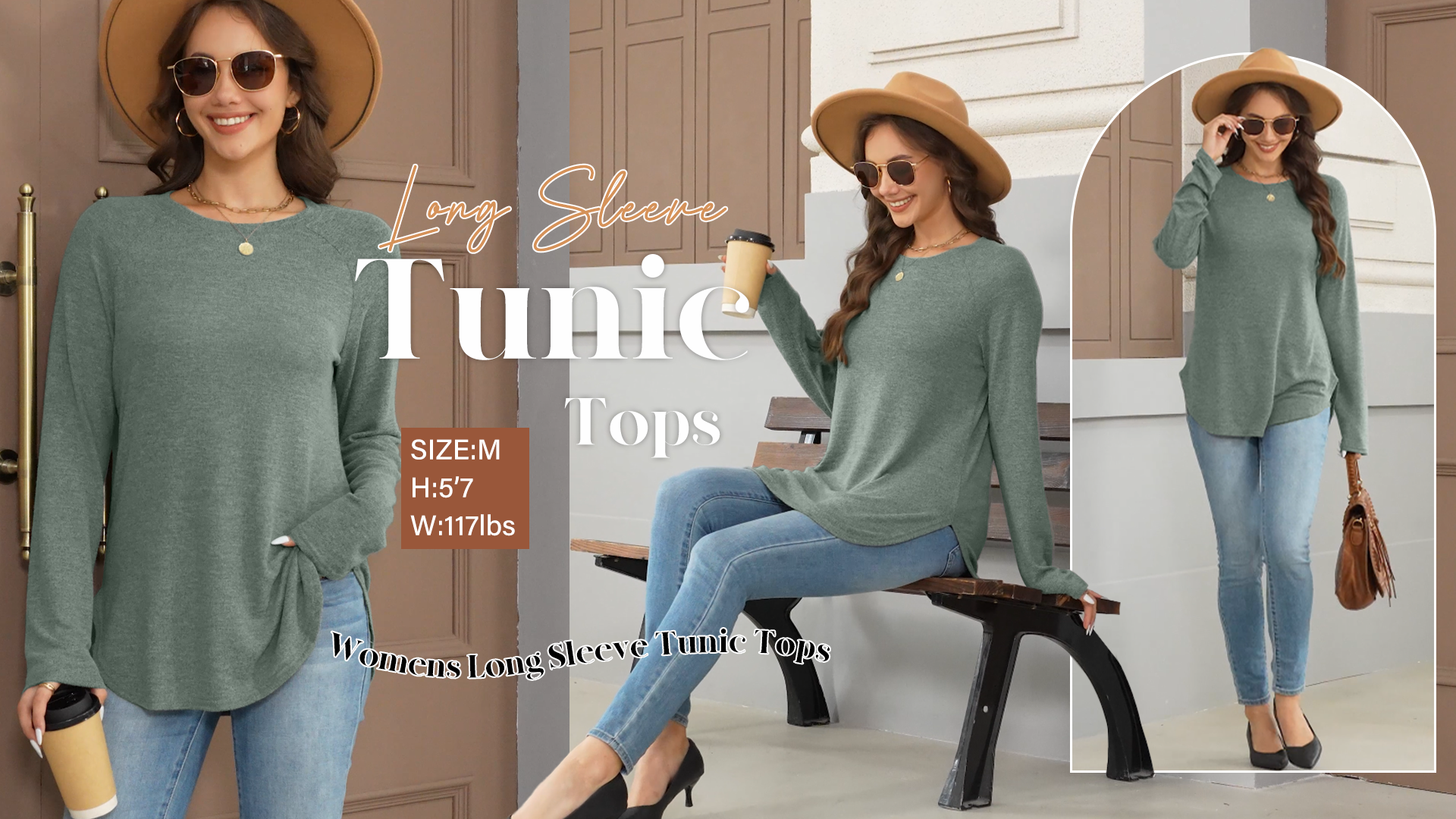 OFEEFAN Women's Long Sleeve Tunic Top - Loose Fit Crew Neck Blouse For Fall & Winter, Green, Large