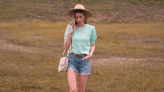 Foshow Women's Puff Short Sleeve Knit Sweater - Soft Crew Neck Dot Pullover Blouse, Lightweight For Fall & Spring
