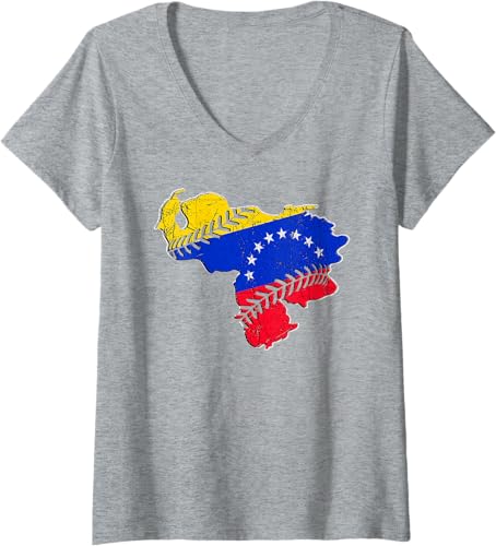 Miniatura 3 de Womens Venezuela Flag Baseball Laces Country Map Outline Distressed V-Neck T-Shirt Black,Heather Grey