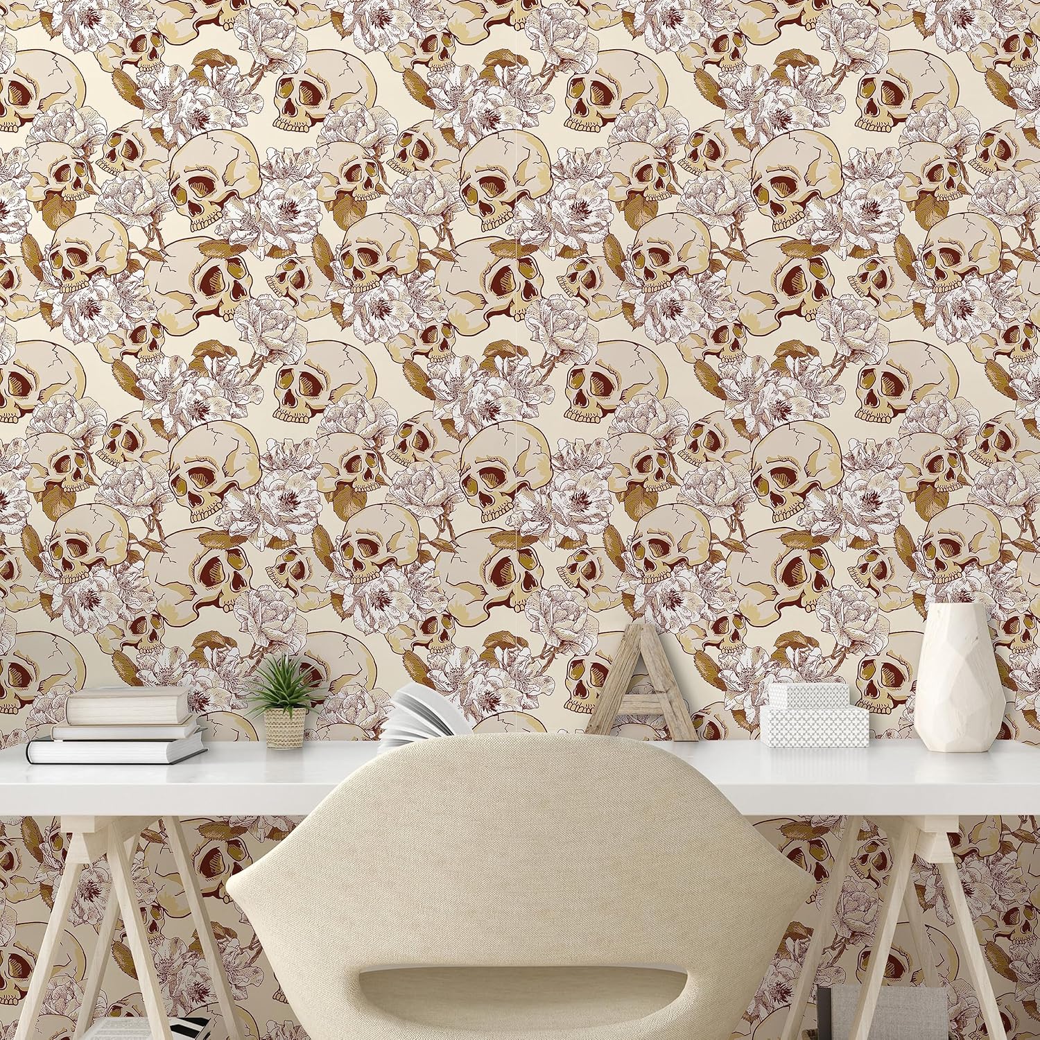 Ambesonne Old School Peel & Stick Wallpaper for Home, Gothic Vibe American Traditional Skull and Flowers Vintage Art, Self-Adhesive Living Room Kitchen Accent, 13" x 72", Pale Camel Fawn and Eggshell