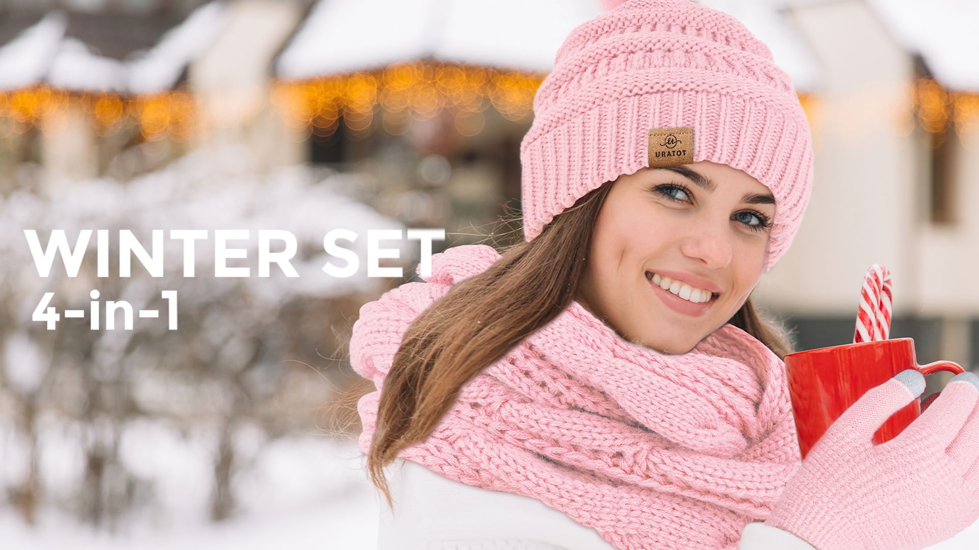 URATOT Winter Warm Knitted Sets Beanie Pompom Hat Scarves Winter