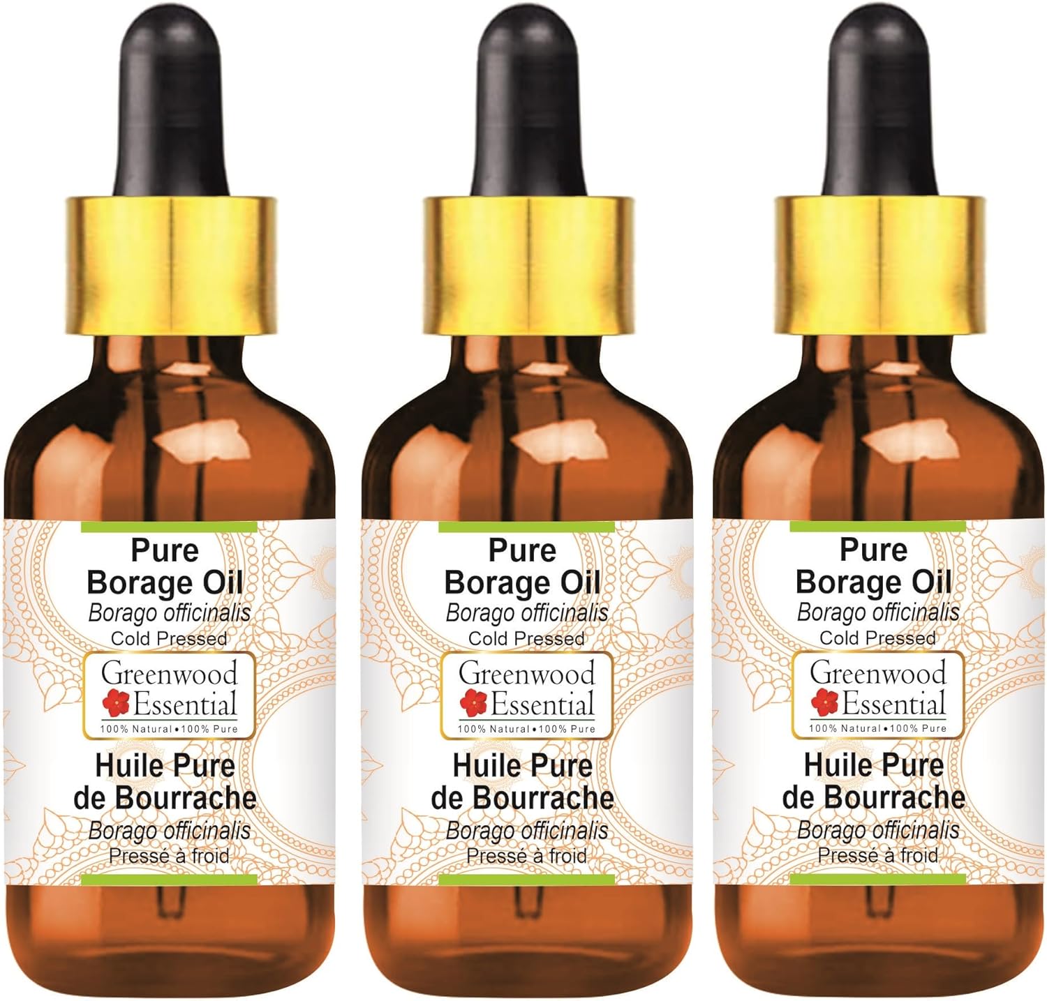 Greenwood Essential Natural Borage Oil (Borago officinalis) with Cold Pressed Glass Dropper 100ml x 3 (10 oz)