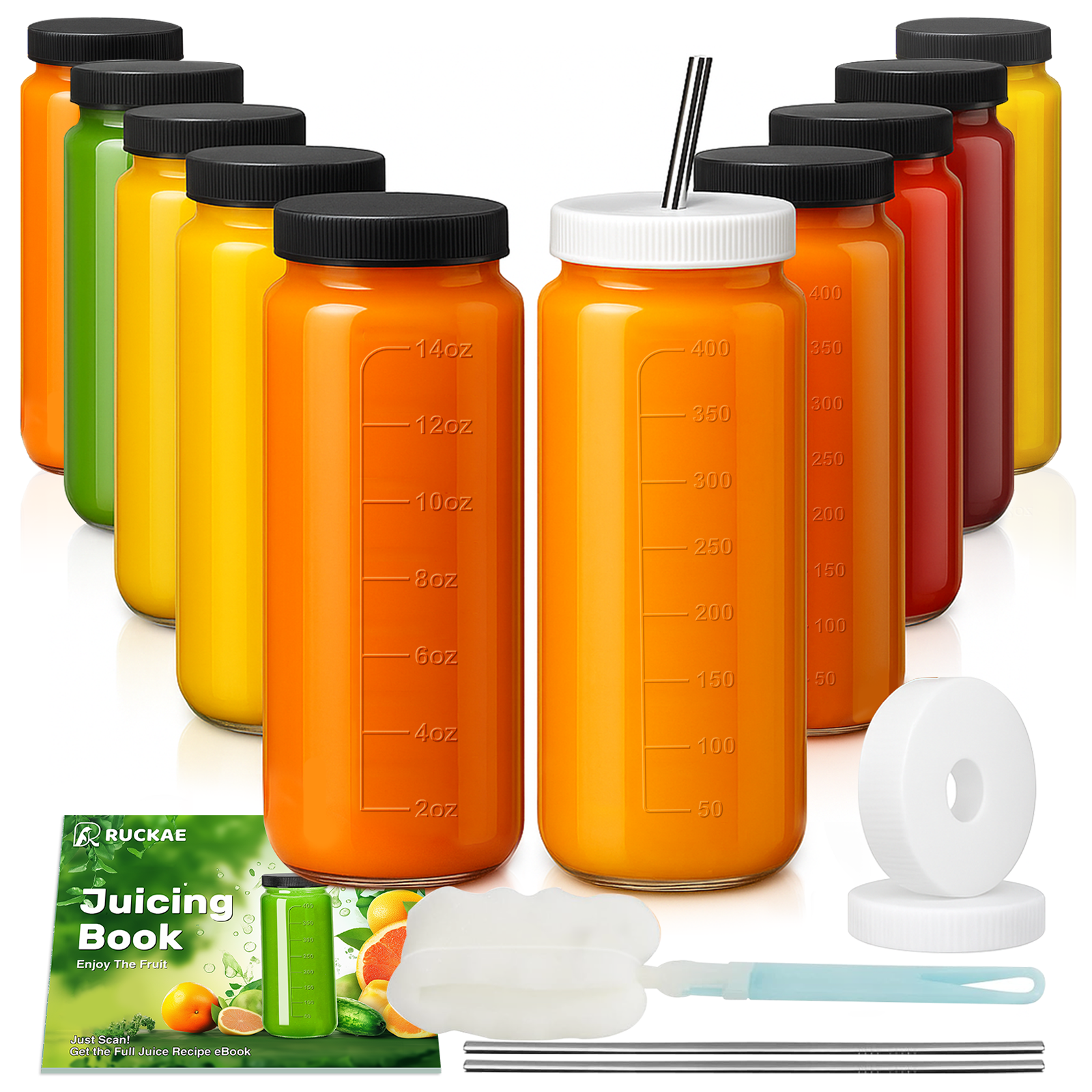 Amazon.com: Ruckae 16oz 10 Pack Juice Bottles, Glass Bottles with Lids,  Smoothie Cup Lids and Straws, Water Bottle Mason Jar Drinking Glasses for  Juicing, Smoothies, Kombucha : Home & Kitchen
