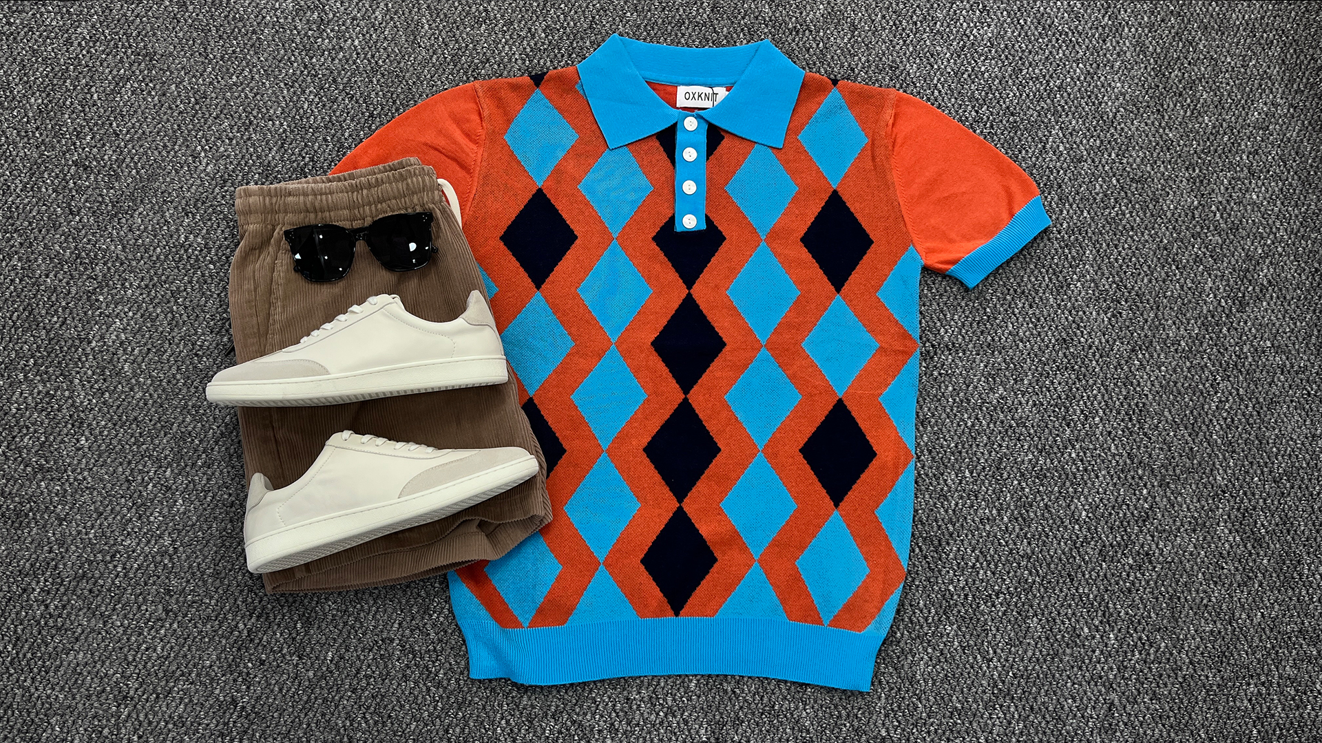 OXKNIT Retro Knitted Polo Shirts for Men, 1960s Geometric Pattern