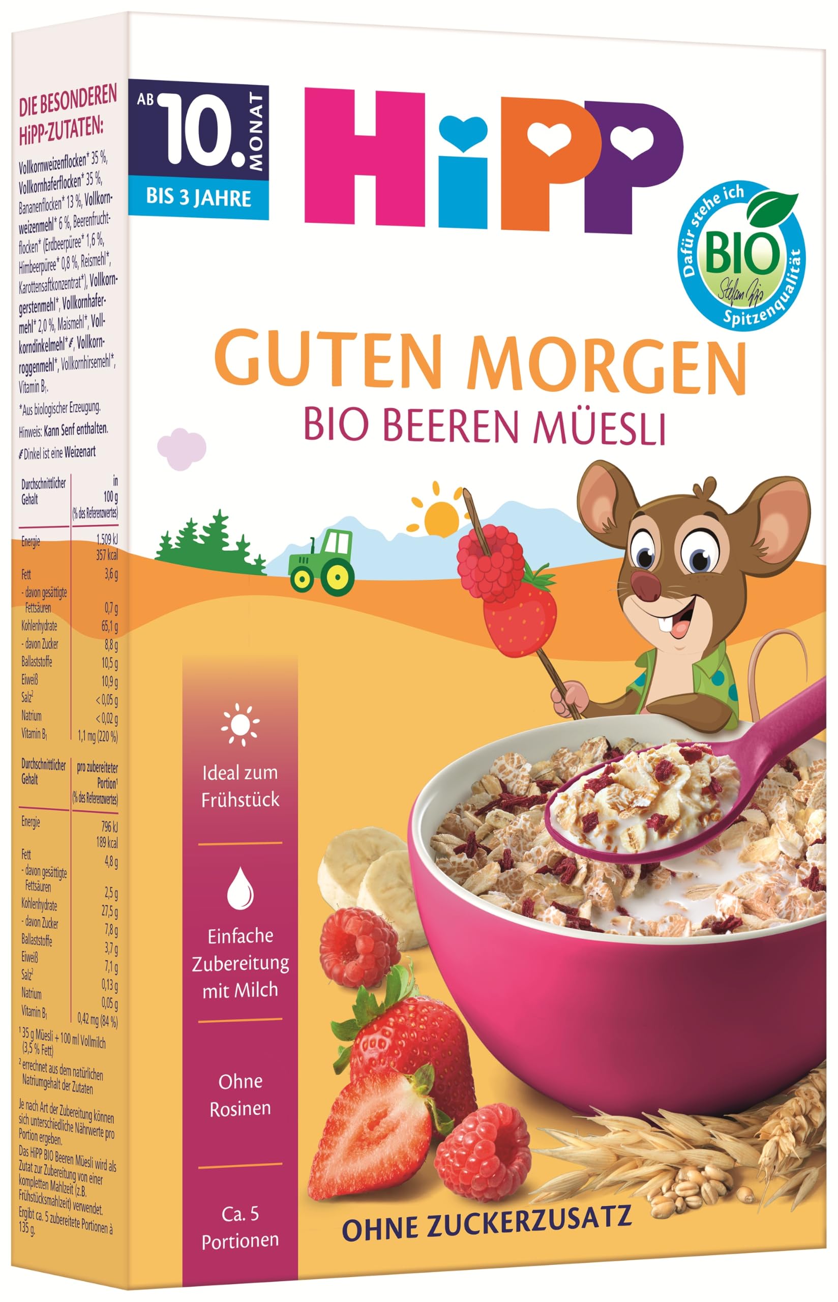 HiPP Bio Beeren-Müesli (8 x 200g), ab 12. Monat, mit wertvollem Vollkorngetreide, ohne Zuckerzusatz, ohne Rosinen, besonders feine Stückchen - leicht zu kauen, ideal für erste Selbstlöffelversuche