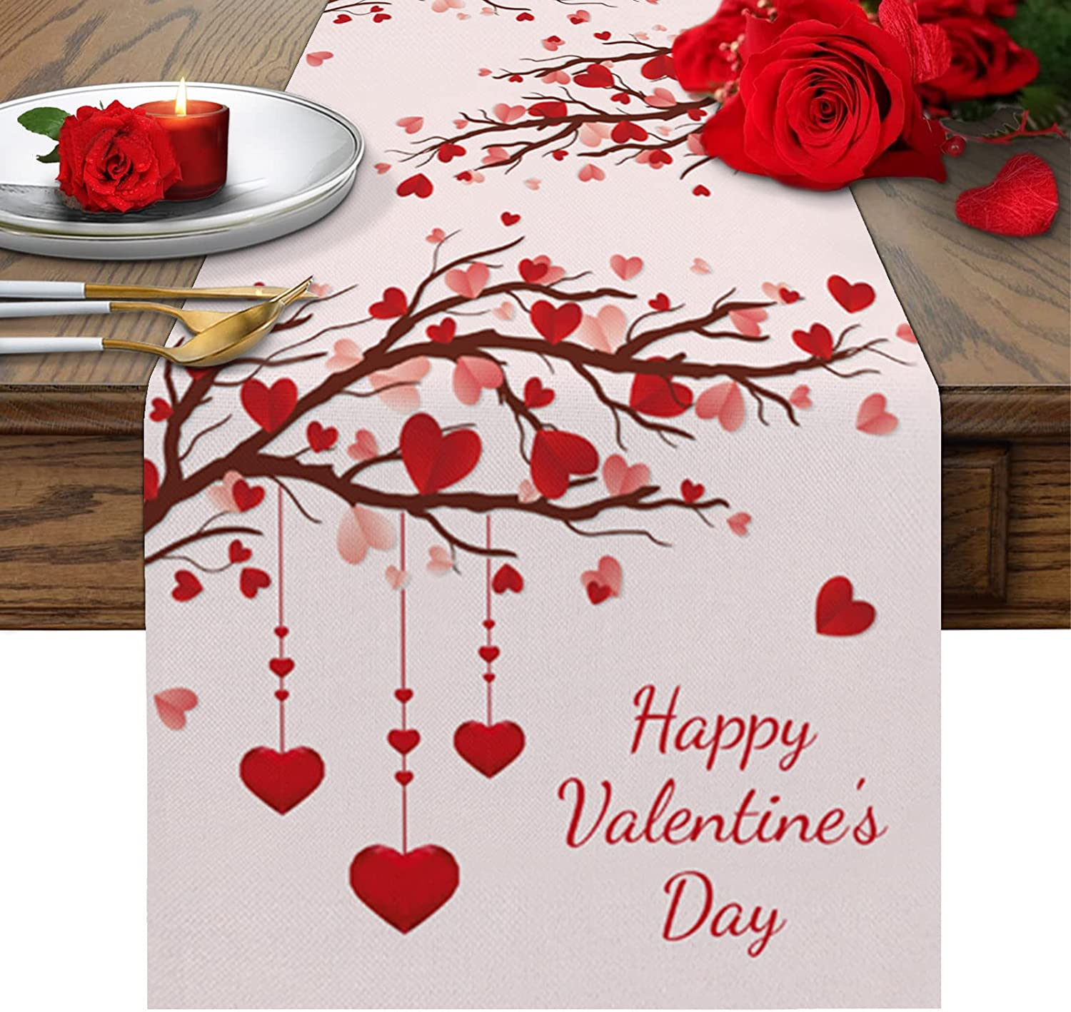 Runner da Tavola di San Valentino, 33x183cm Modello a Cuori Rossi e Rosa Tovaglia di San Valentino Tovaglia Stagionale per la Decorazione Domestica della Festa di Anniversario
